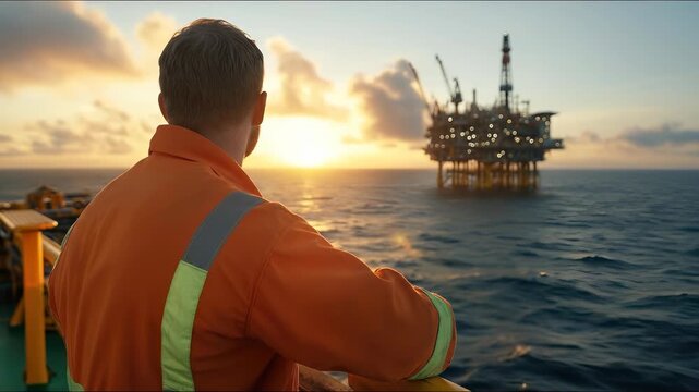 Worker overlooks an expansive offshore oil drilling rig, massive industrial machinery for global energy extraction, vital petroleum processing infrastructure at sunset