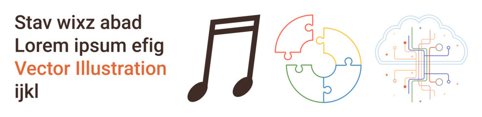 Fototapeta premium Creativity, problem-solving, cloud technology, innovation, music, teamwork. A music note, circular puzzle and circuit in a cloud. Creativity and problem-solving concepts