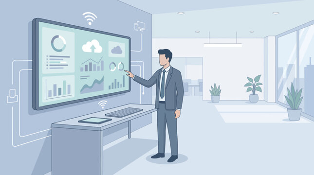 Businessman presenting business data and analytics on a large interactive digital screen in a modern office setting, showcasing smart technology and corporate solutions.