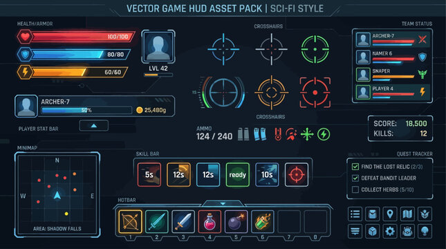 Comprehensive Sci-Fi Vector Game HUD Asset Pack Futuristic User Interface Elements for Modern Video Game Development and Design