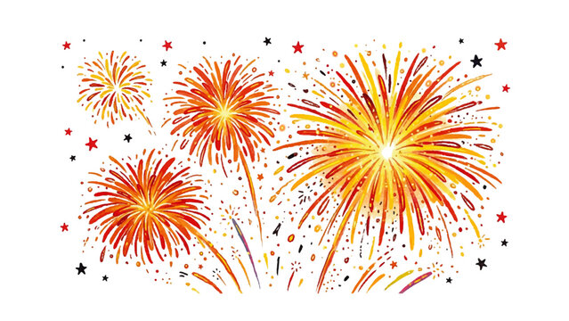 Festive fireworks exploding in a celebratory night sky with starbursts and confetti