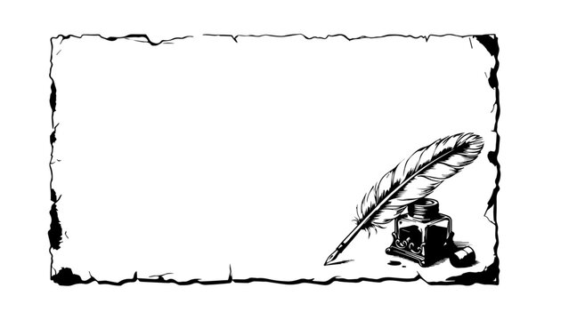 Quill pen beside inkwell on parchment textured border for writing concepts