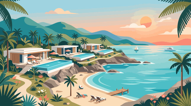 Tropical luxury resort illustration Modern villas, private pools, serene beach, ocean sunset, palm trees, mountains. An idyllic exotic vacation escape