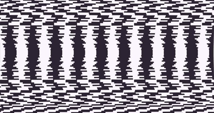 Black and white op art checkerboard pattern looping animation with glitch distortion effect