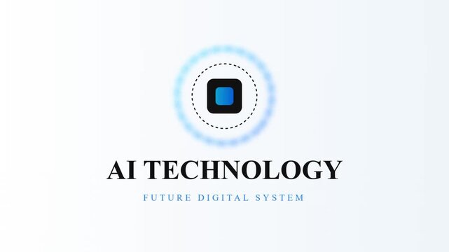 A futuristic AI technology logo with blue and black design elements represents the future digital system.