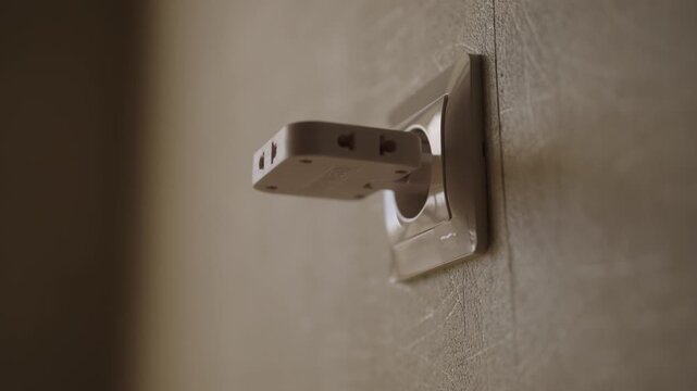 Close-up cropped shot of person hand inserting multi socket adapter and power cord into wall outlet, connecting device to electrical grid to supply it with necessary current for operation.
