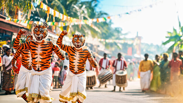 Puli Kali Performers in Tiger Paint Dance Through Lively Street