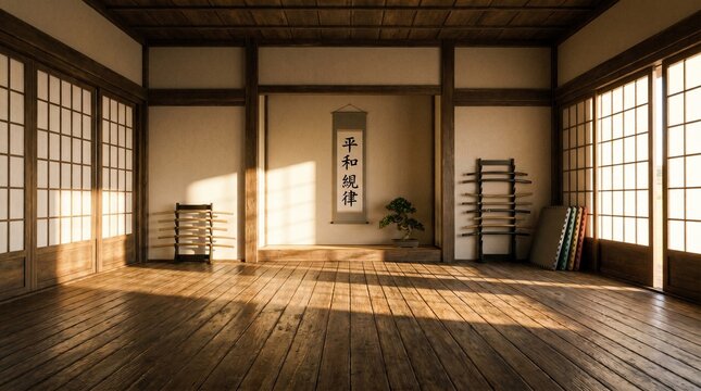 Empty traditional Japanese dojo with wooden floor and natural light