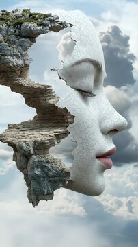 Abstract human profile, an individual's face made of cracked stone, dissolving into rugged rock formations, a surreal mental landscape, floating high within a cloudy atmospheric sky