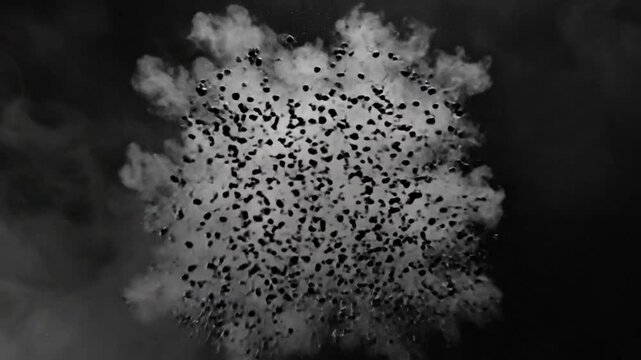 Abstract Cinematic Transition of a Letter Shape Exploding into Dust Particles Against a Dark Backdrop