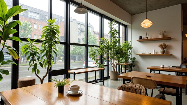 Cozy Modern Cafe Interior with Green Plants and Glass Walls