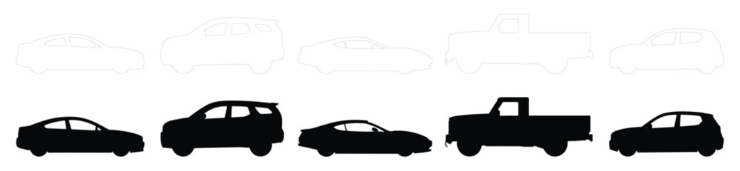Minimal style CAD vehicle silhouette and outline set, car design elements symbol for architecture transport illustration. Vector graphic collection © Addictive Stock