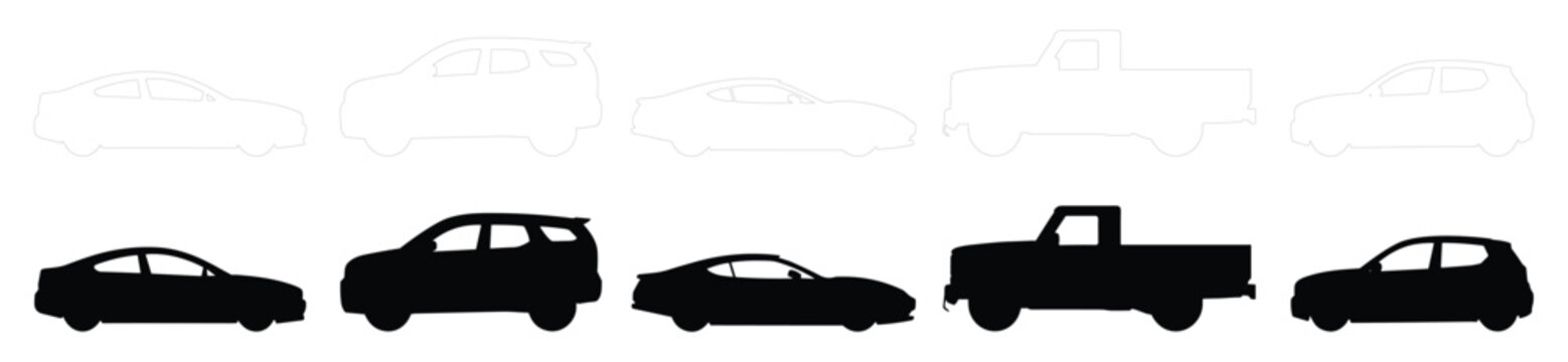 Minimal style CAD vehicle silhouette and outline set, car design elements symbol for architecture transport illustration. Vector graphic collection