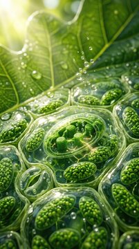 Chloroplast performing photosynthesis, converting solar energy into glucose, releasing oxygen molecule, surrounded by clear water droplet, depicting cellular biological process.