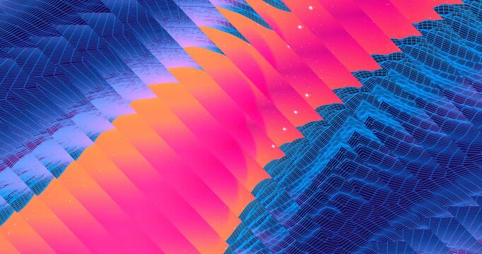 Neon synthwave abstract wireframe spikes slashing diagonally across vivid magenta and orange gradient background