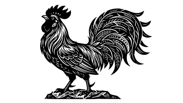 Rooster silhouette crowing at dawn with intricate patterns on a white background