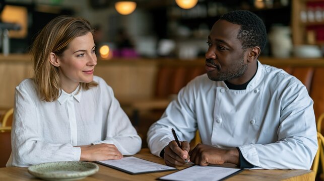 Restaurant manager interviewing job applicant at minimalist table