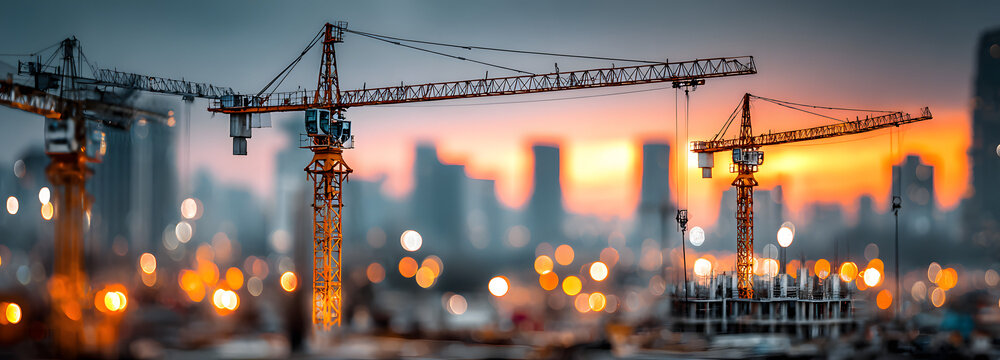 The bokeh effect is evident in the background of a construction site at sunset, with cranes towering over partially completed buildings.