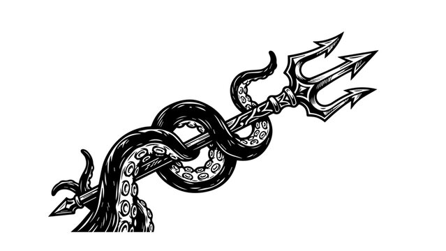Kraken Tentacle Wrapped Around Trident with Dramatic Lighting Vector Silhouette