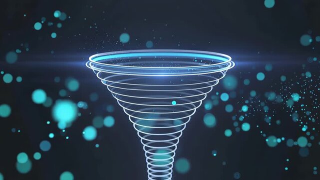 Abstract glowing blue digital vortex with swirling particles and bokeh effects dark background