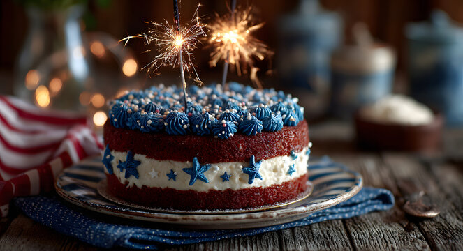 On the American holiday of Labor Day, celebrating with patriotic cake and sparklers.