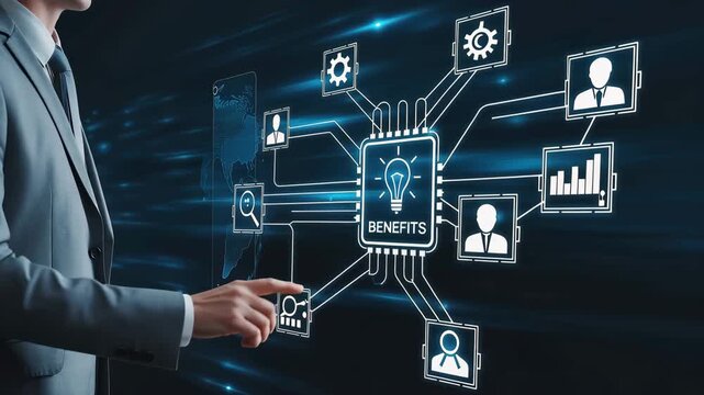 Businessman interacting with digital network of benefits and opportunities lightbulb idea