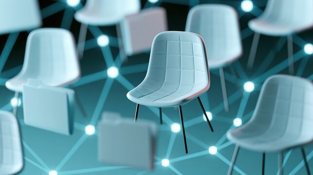 Floating chairs and folders connected by glowing lines symbolizing recruitment decisions