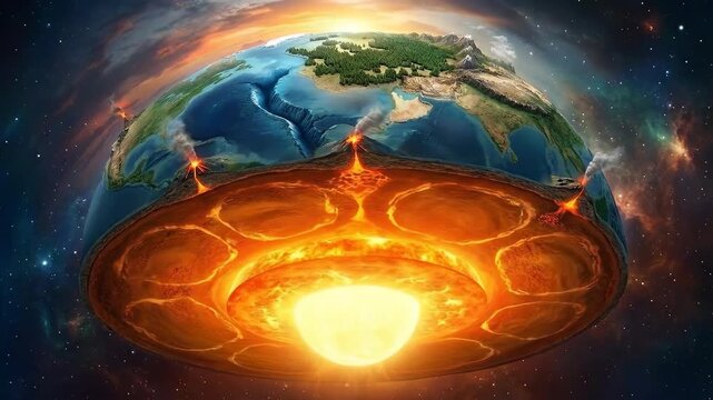 Planet earth's dynamic internal structure reveals glowing molten core, convective mantle, solid crust, active volcano, moving tectonic plate, geological process, planetary formation, geosphere.