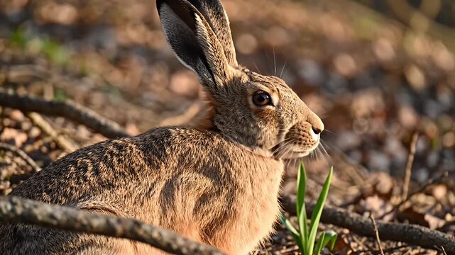 Close up of a brown hare in natural habitat with blurred background