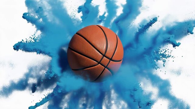 Dynamic basketball explosion with blue powder splash, cinematic sports ball impact on white background, creative athletic concept with vibrant color burst and motion effect