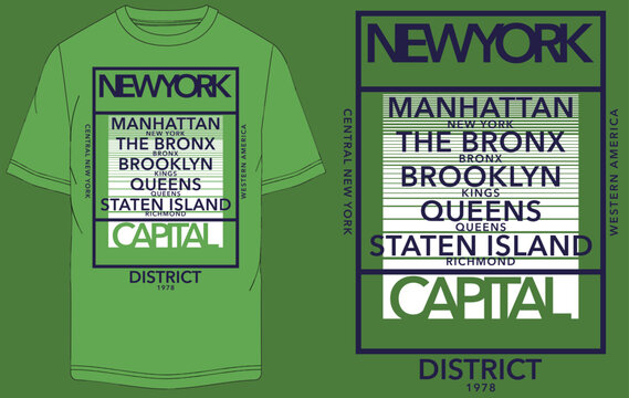 New York City map design, green t-shirt print, Manhattan Brooklyn districts vector graphic