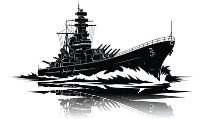 Detailed black silhouette of a battleship sailing on water with a reflection isolated on a white background silhouette high quality professional detailed modern elegant © Thysl2000
