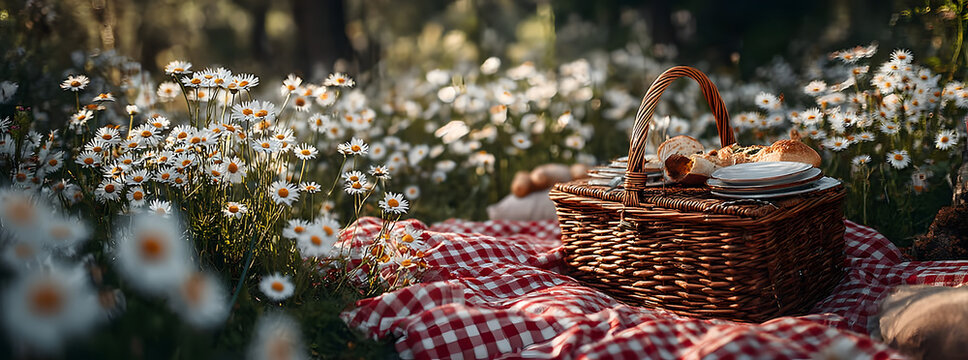 On the meadow with a blossoming meadow, a checkered picnic duvet and an empty basket are present.