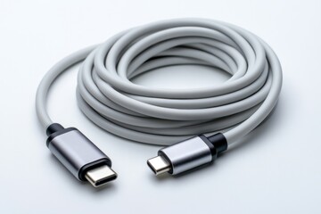 Fototapeta premium Coiled USB-C cable with metallic connectors on a white background