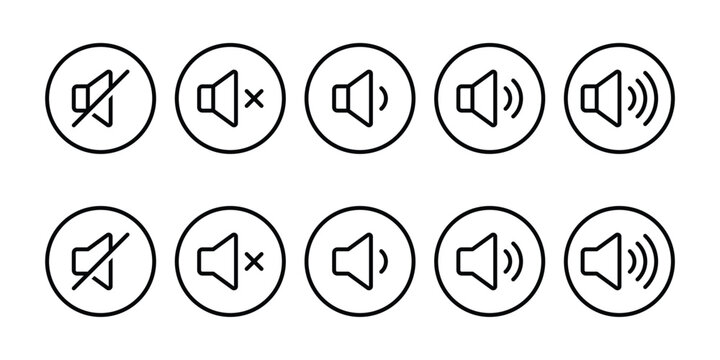 Speaker sound volume line icon set in circles with mute and wave levels