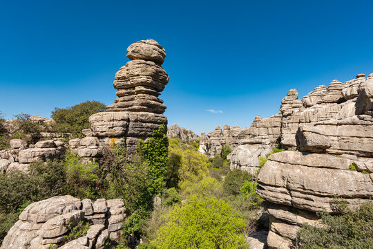 Surreal karst limestone rock formations at El Torcal de Antequera Natural Park, Spain.