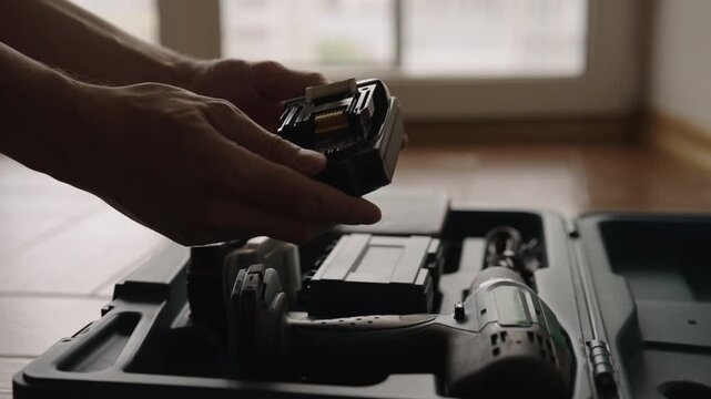 Mans hands insert battery pack into cordless electric screwdriver. The power tool sitting in open case ready for DIY home improvement, construction, repair work, close-up, slow motion.