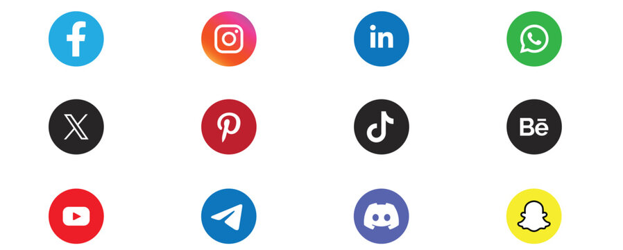 Colorful social media icons collection isolated on white background. Popular networking and communication app symbols. Modern flat circle logo set for digital marketing and online communication