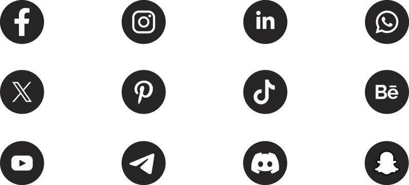 Black social media icons collection isolated on white background. Popular networking and communication app symbols. Modern monochrome logo set for digital marketing and online communication vector 