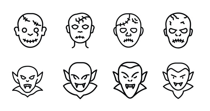 Zombie outline icons set vampire horror monster scary ghost Halloween face death spooky creepy & more vector illustration with editable stroke.