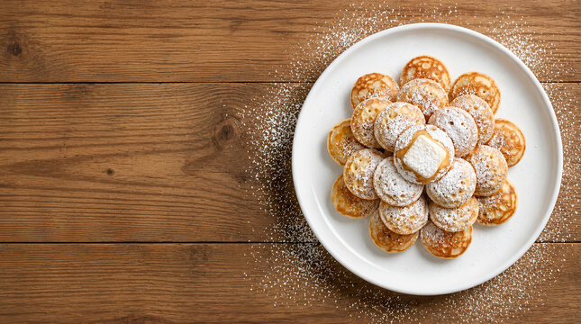 Poffertjes olandesi con burro e zucchero a velo su tavolo rustico. Generative AI 