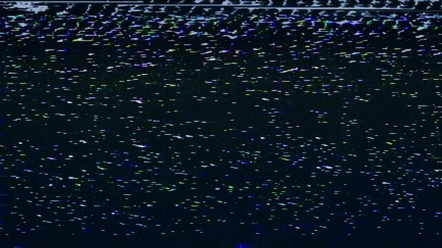 Glitchy dark screen with static noise and digital interference, abstract technology background.