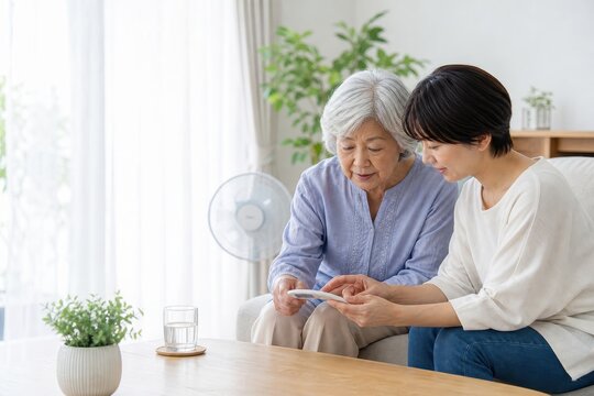 扇風機のそばで高齢女性に寄り添う介護の時間