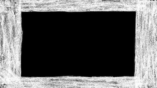 Hand-drawn white sketchy frame animation, abstract textured pencil border on black background, artistic messy line frame for creative video overlays.