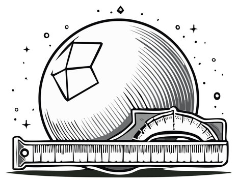 Geometric Sphere with Lines and Measurement Tools Black and White Illustration