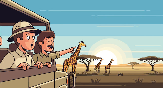 Excited tourists on safari adventure spotting giraffes.