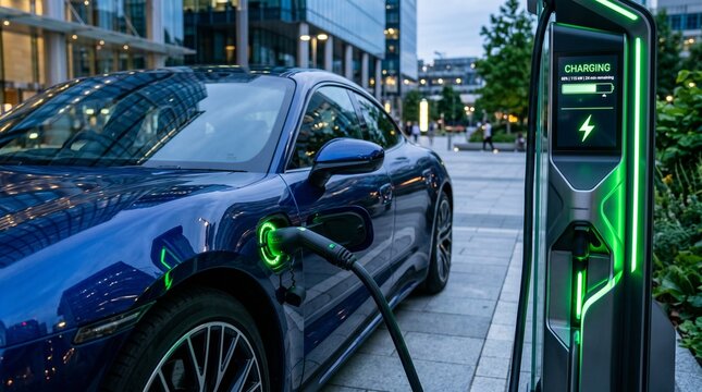 modern electric car charging at futuristic charging station in sunny city