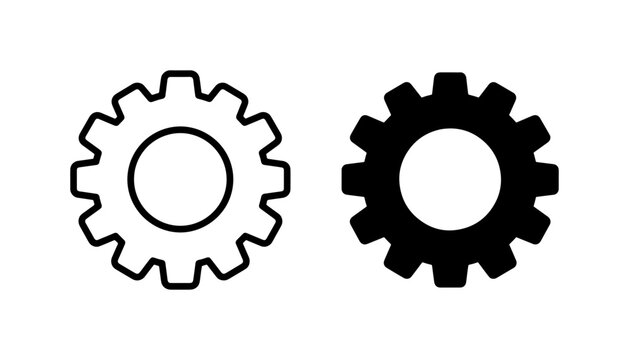 Two Gear Icons, Outline and Solid Fill, Mechanical Engineering Symbols, Industry and Technology Concepts