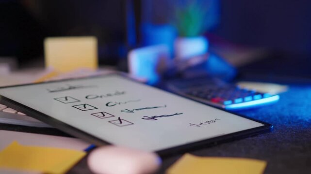 Close-up hand writing calligraphy with ink pen on paper in dim warm lighting - cinematic 4k footage
