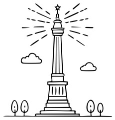 Fototapeta premium Simple hand drawn tall column with shining star, clouds, and trees vector illustration
